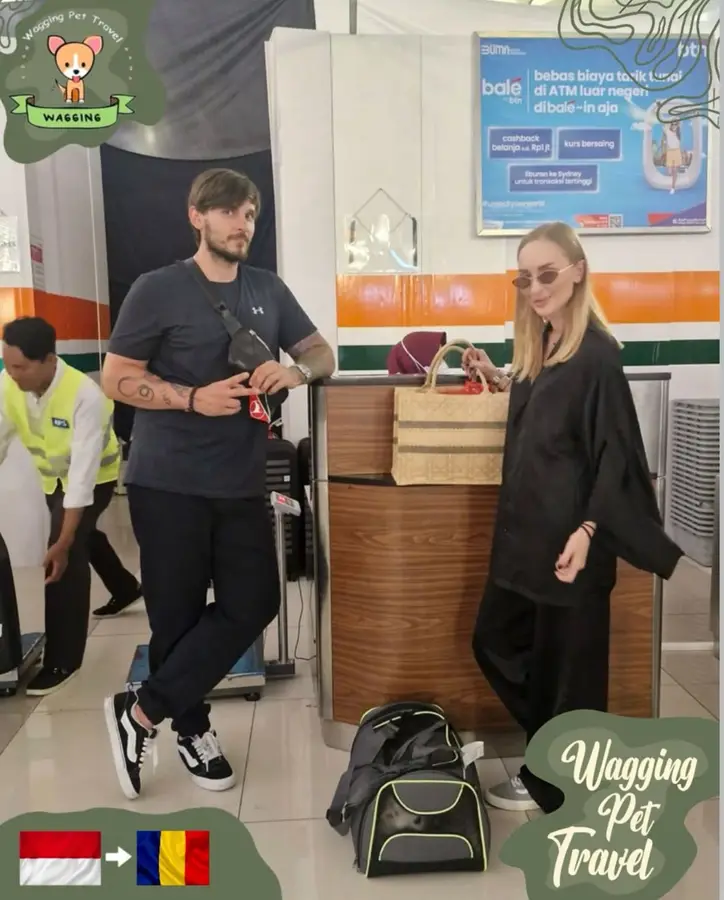 Two travellers at an airport counter with a pet carrier