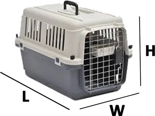 Diagram of a pet crate showing length, width, and height